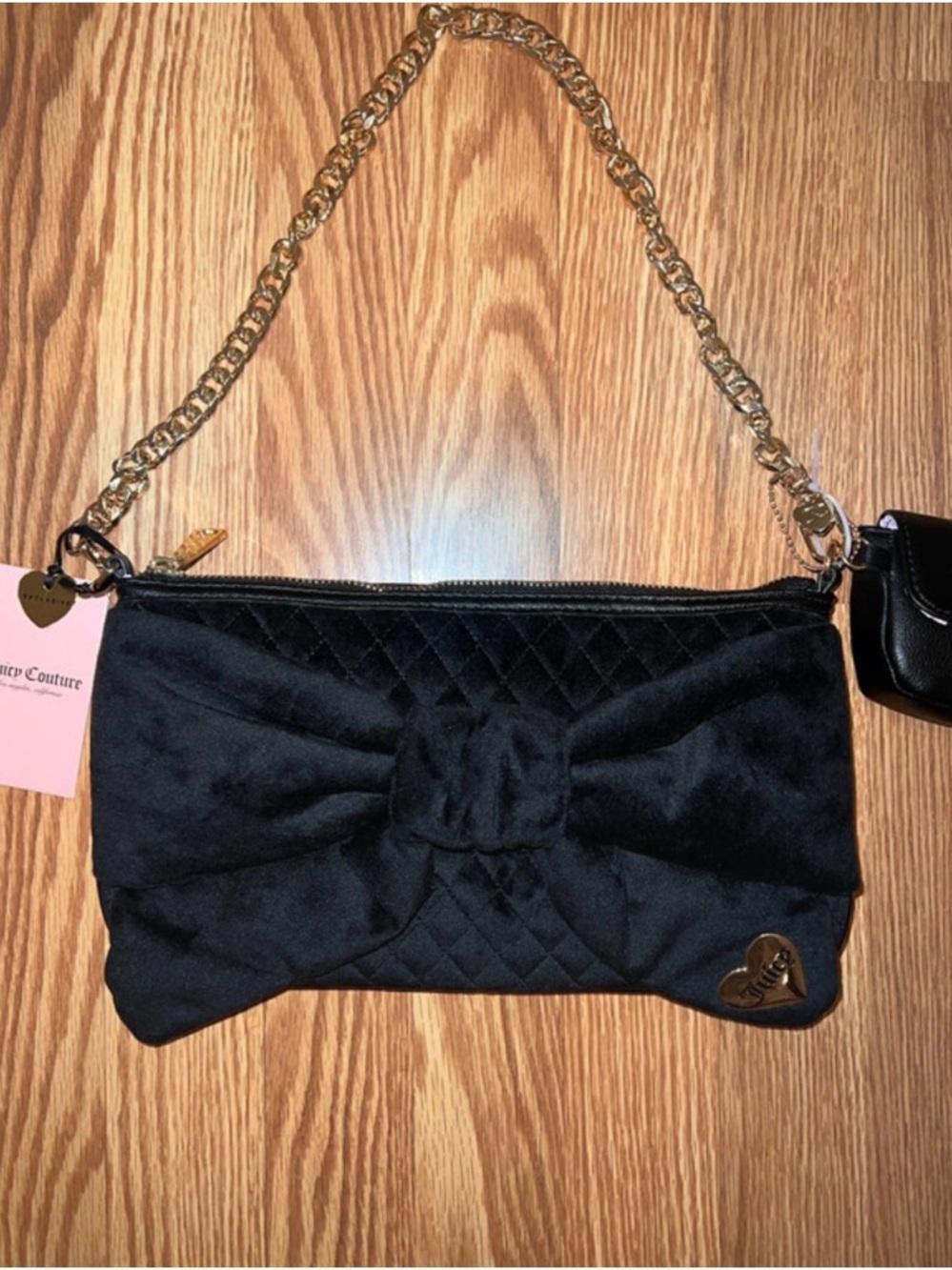Juicy Couture Black Quilted Velvet Bow Shoulder Purse with Gold Chain